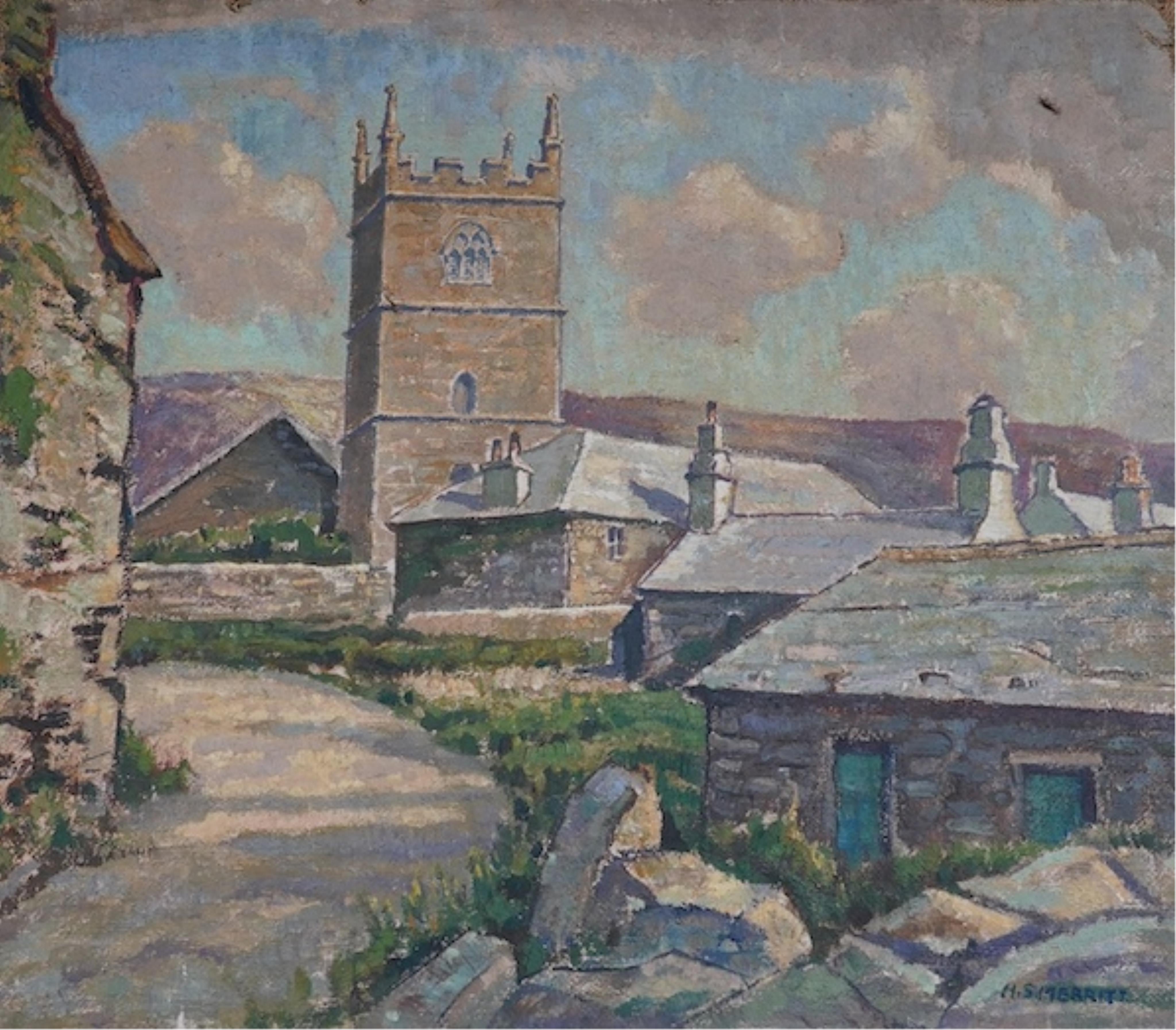 Henry S. Merritt (1884-1963), oil on canvas, street scene with church, 35.5 x 41cm. Condition - poor to fair